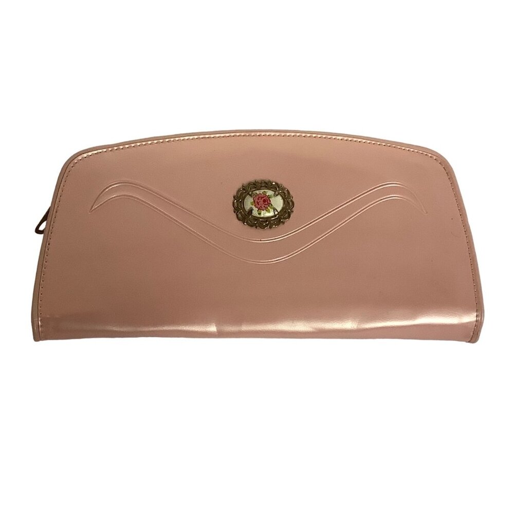 Vtg‎ Pink Faux Leather Slim Clutch Wallet Rose Floral Cameo Zip Cottagecore